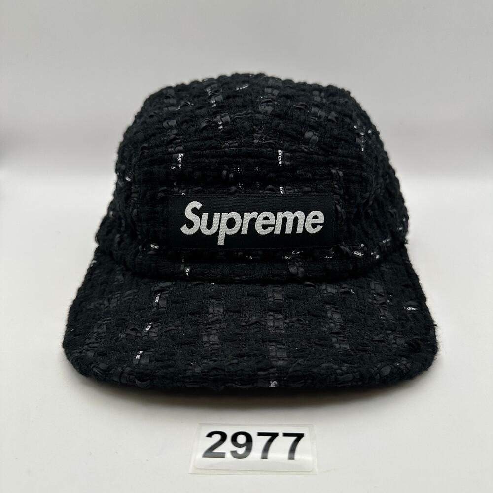 SUPREME BLACK TWEED CAMP CAP HAT BOX LOGO ADJUSTABLE MADE IN USA